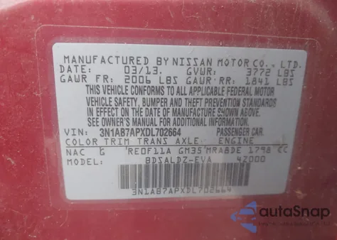 2013 Nissan Sentra Sv z USA, uszkodzony, nr VIN 3N1AB7APXDL702664